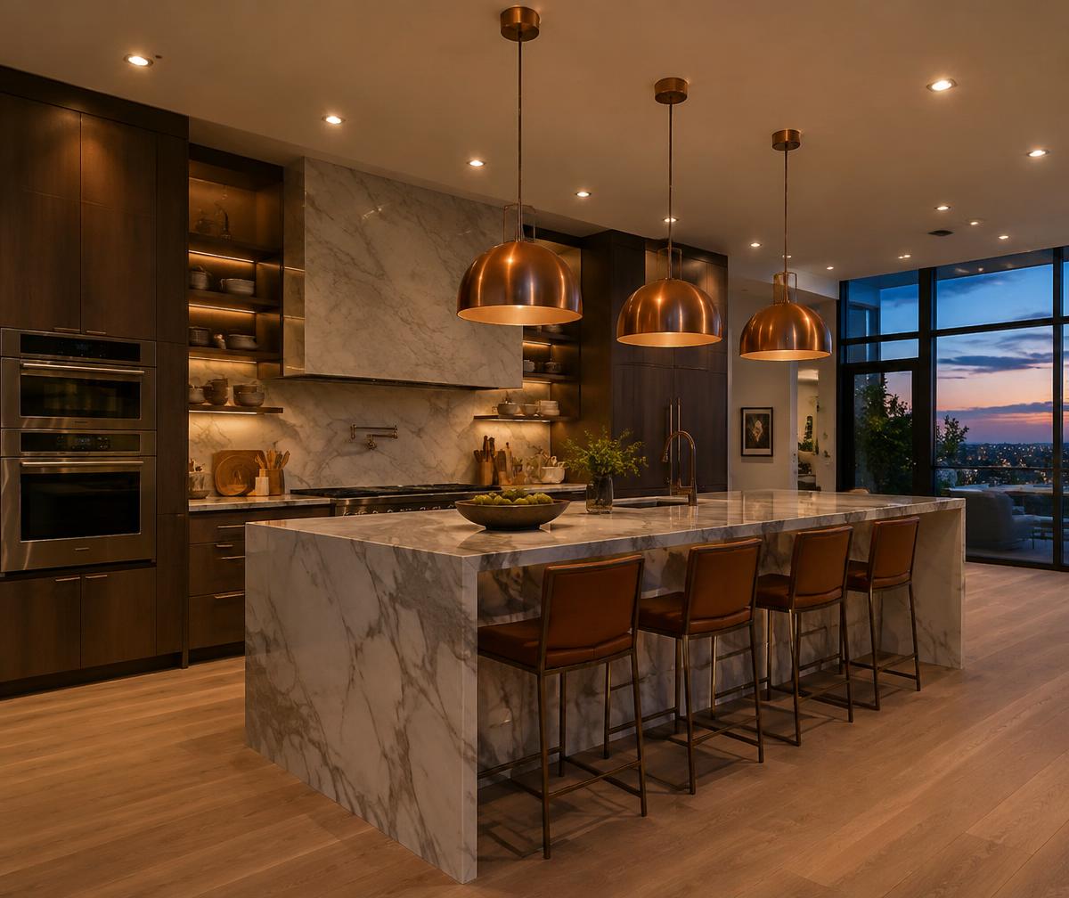Luxury kitchen with pendant lighting